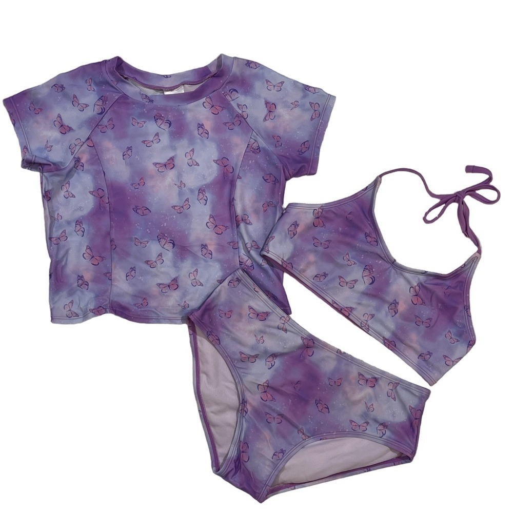 Art Class Swimsuit Set Girls XL‎ 14 Purple Butterfly Rash Guard 3pc